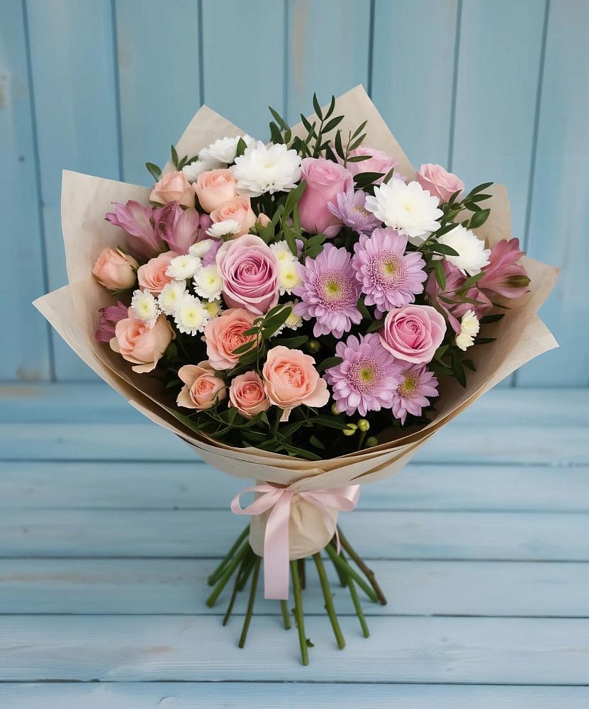 Букет цветов из: Хризантемы, Розы и Альстромерии в Новом-Осколе