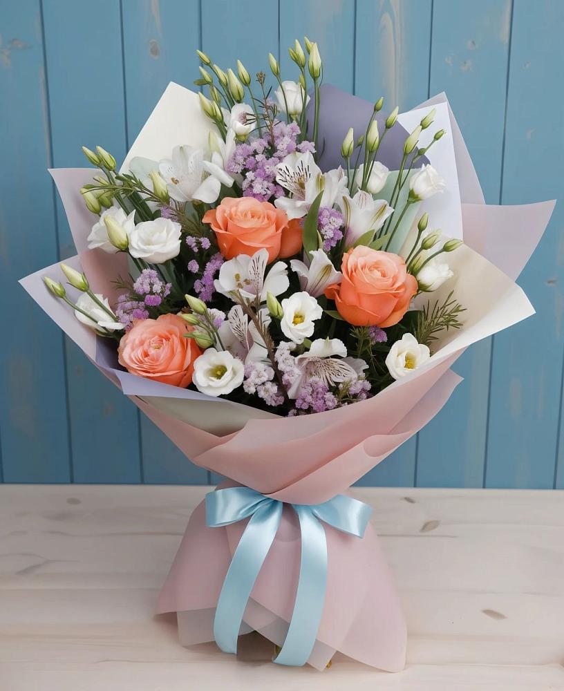 Букет цветов из: Лизиантусы, Розы, Альстромерии и Гипсофила в Новом-Осколе