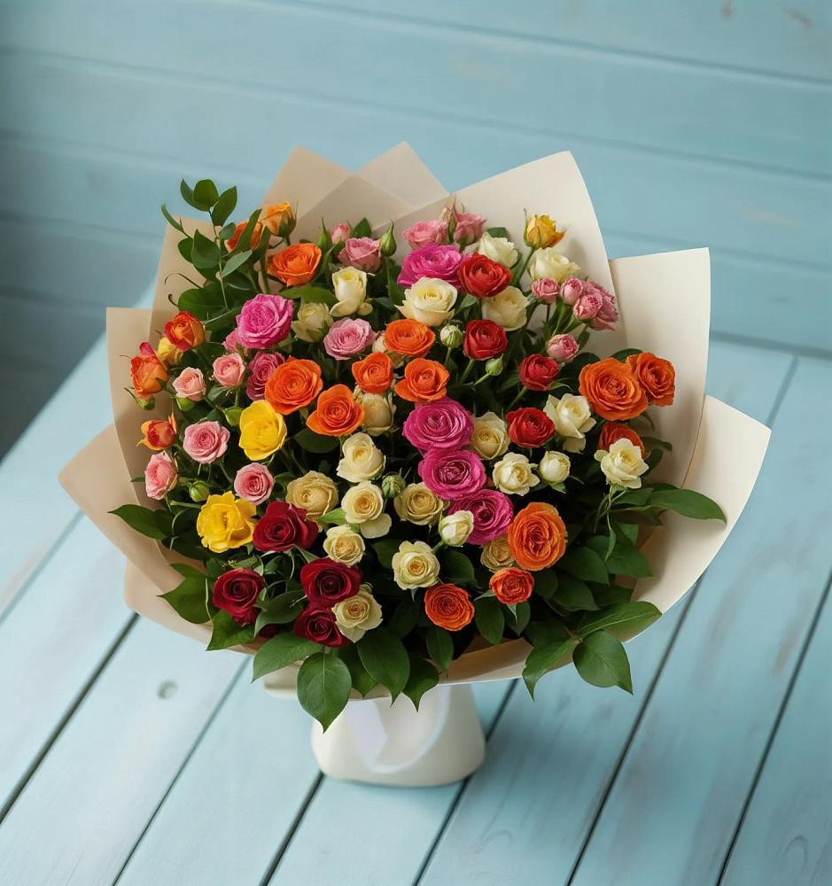 Букет Микс из разноцветных кустовых роз в Новом-Осколе