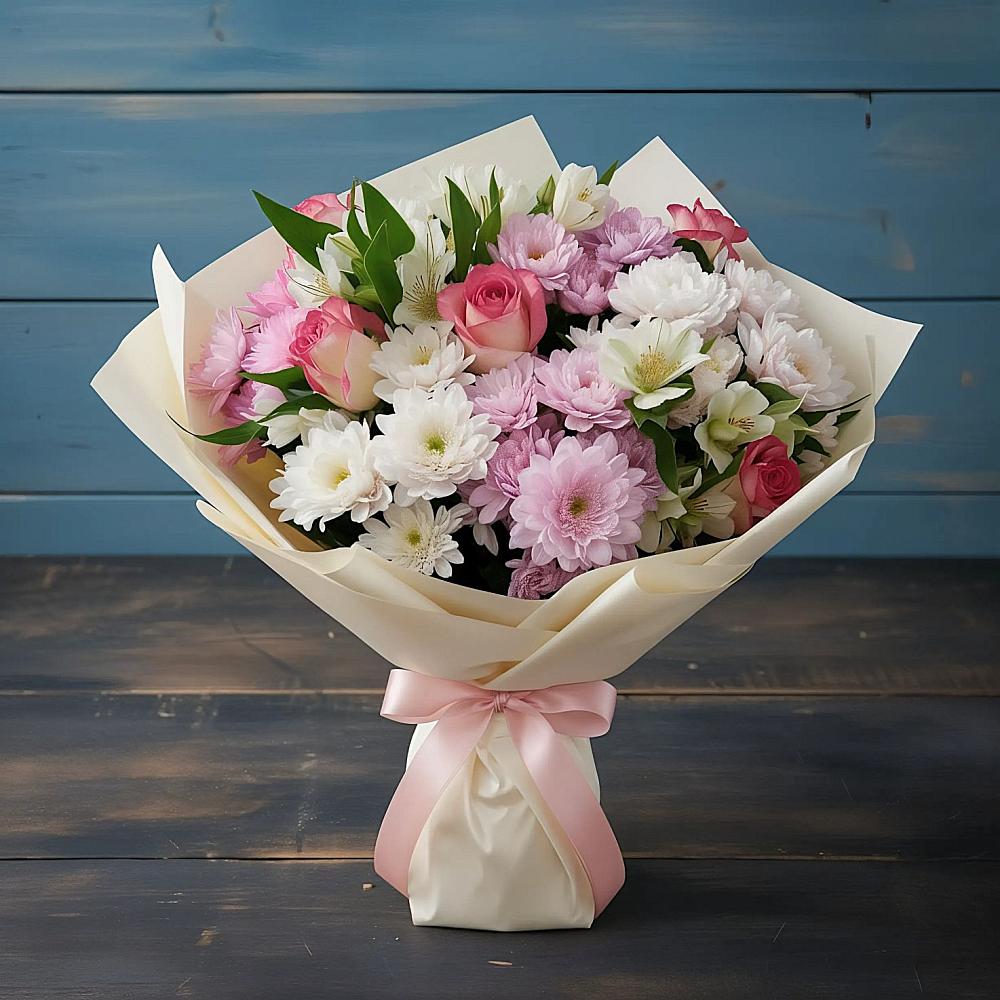 Букет цветов из: Хризантемы, Альстромерии и Розы в Новом-Осколе